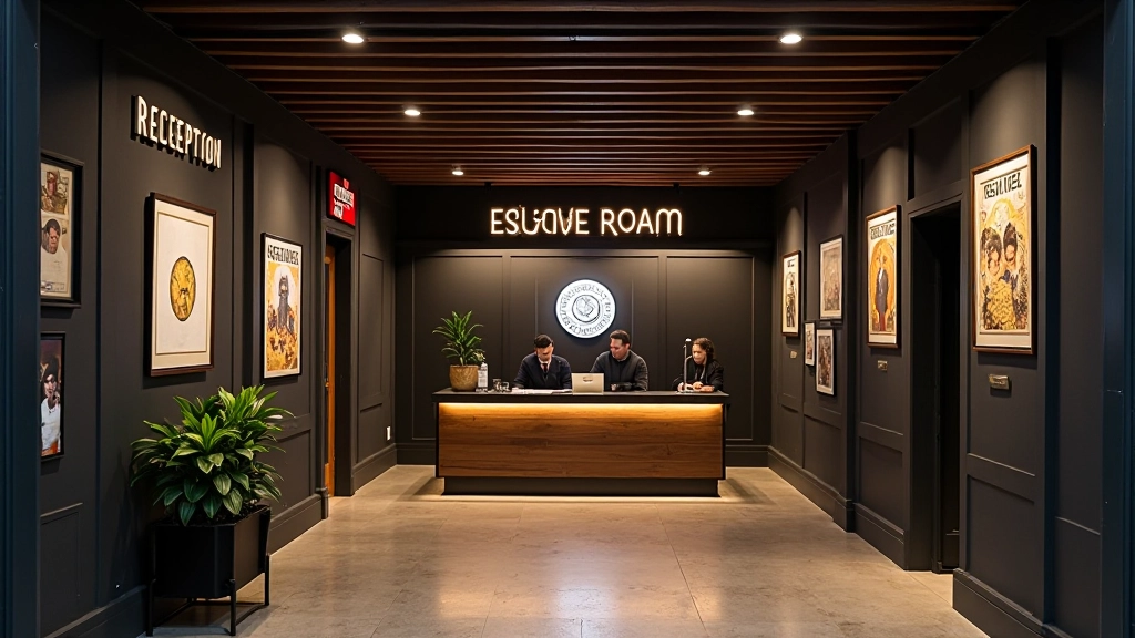 Entrada moderna de um escape room em Lisboa com sinalização temática e recepção acolhedora
