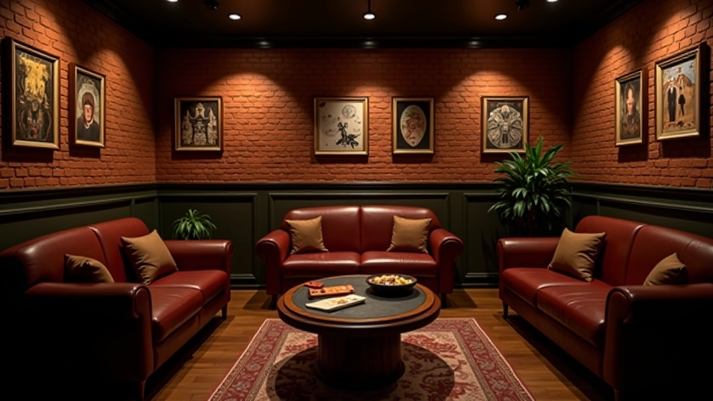 Interior elegante de sala de escape com mobiliário temático, iluminação profissional e painel de pistas em parede de tijolo exposto