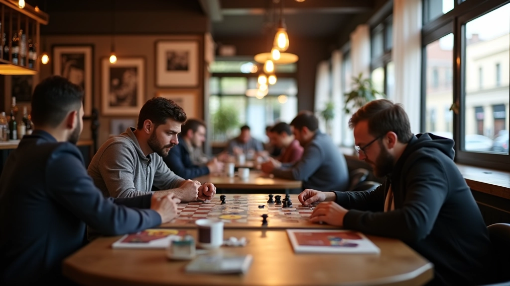 Café de gaming com balcão de bebidas, mesas espaçosas e ambiente casual e acolhedor para jogadores