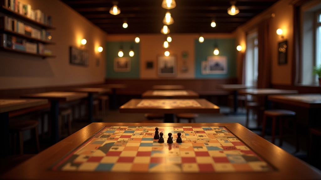 Interior acolhedor de um clube de gaming em Lisboa com mesas bem iluminadas e prateleiras com diversos jogos de tabuleiro