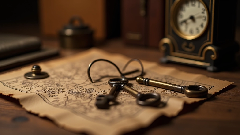 Detalhe de close-up de objetos temáticos num escape room incluindo chave antiga, mapa e relógio antigo