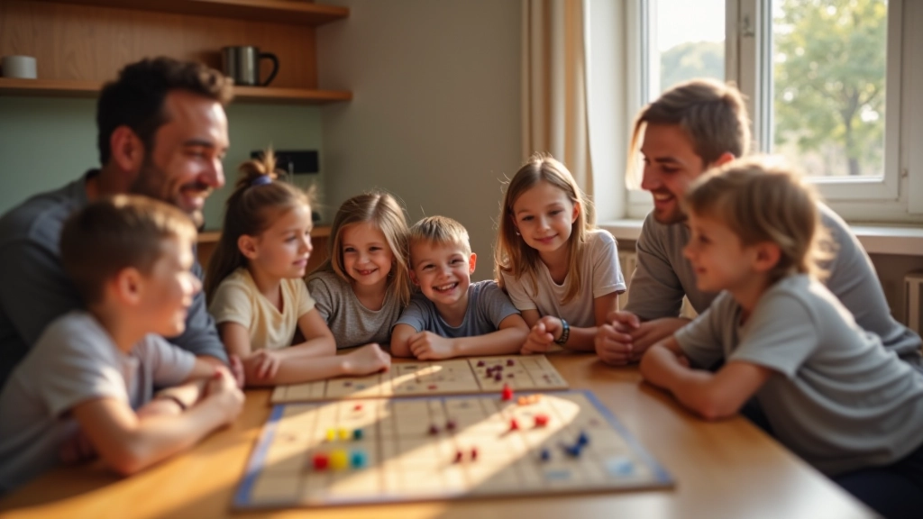 Famílias com crianças de diferentes idades reunidas numa sala branca e luminosa a jogar