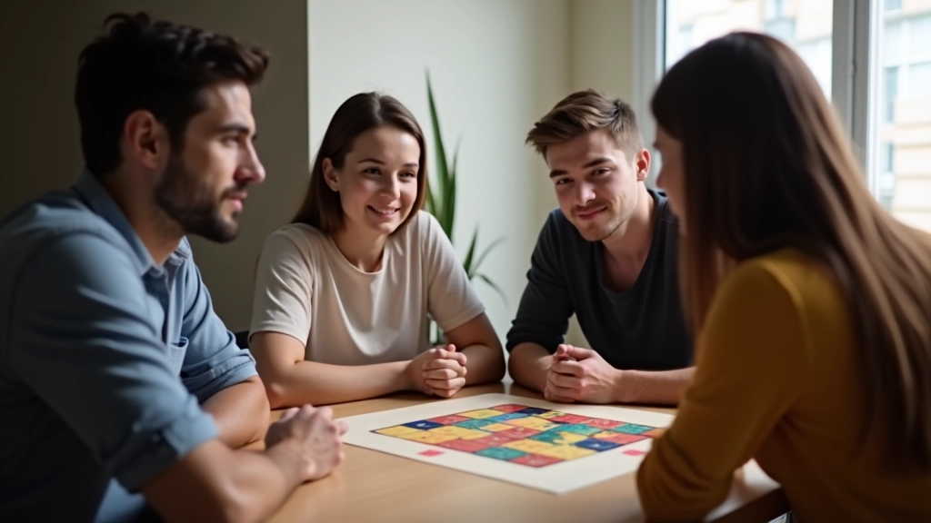 Grupo de amigos sentados à volta de uma mesa com um jogo de tabuleiro, concentrados e sorridentes