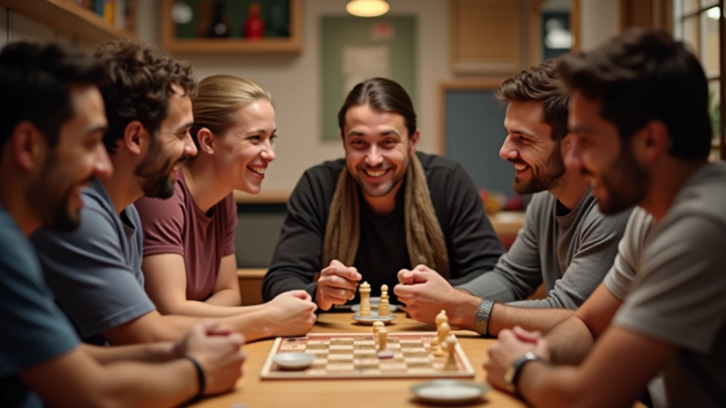 Jogadores em torno de uma mesa com vários jogos de tabuleiro, concentrados e entusiasmados