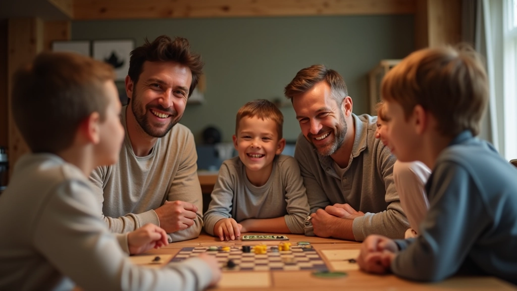 Momento de celebração numa mesa de jogo com toda a família sorridente e entusiasmada durante o jogo