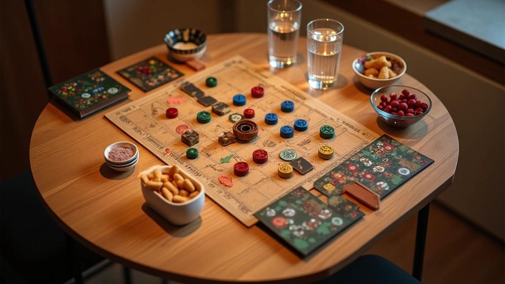 Mesa de jogo bem organizada com espaço amplo, iluminação clara, copos de água e lanches arrumados, criando um ambiente acolhedor