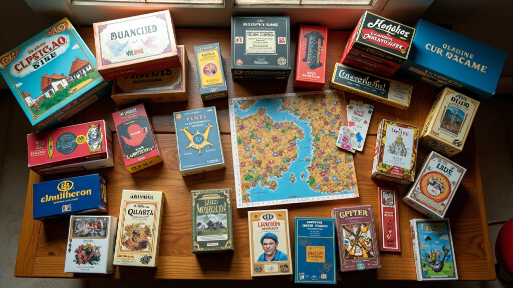 Variedade de jogos de tabuleiro coloridos e organizados numa prateleira, mostrando caixas de diferentes tamanhos e tipos de jogos