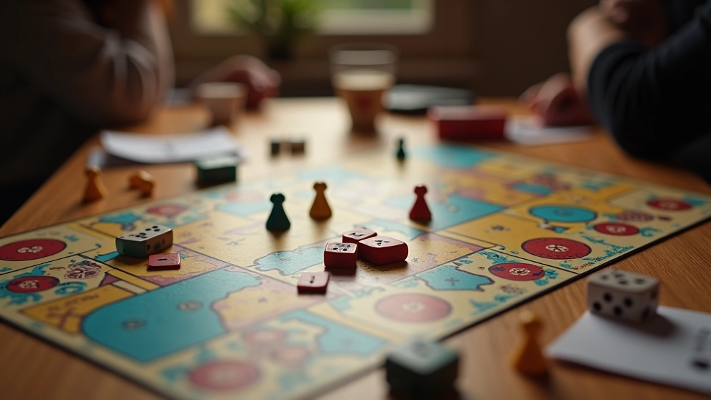 Mesa de jogo com várias peças de tabuleiro coloridas e dados dispostos