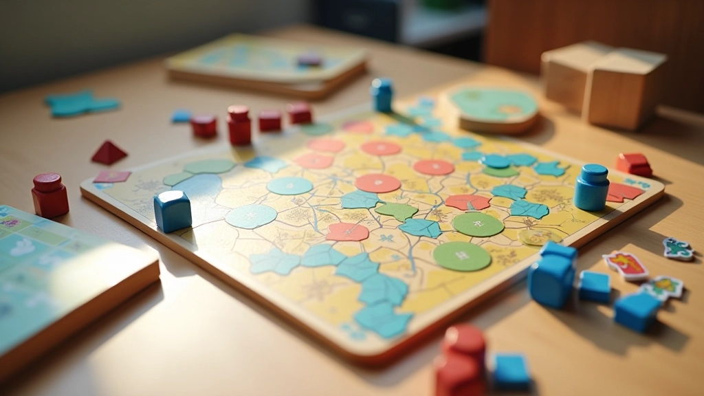 Mesa de jogo com várias peças coloridas, dados e tabuleiros dispostos